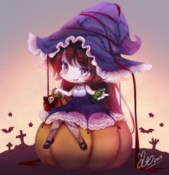 Rule 34 | 1girl, akira b, animal, bare arms, bare shoulders, bat (animal), black footwear, blush, bow, brown hair, candy wrapper, character request, chibi, commentary request, dress, halloween bucket, hat, league of legends, long hair, lulu (league of legends), mary janes, parted lips, pumpkin, purple dress, purple eyes, purple hat, red bow, shoes, signature, sitting, skull, sleeveless, sleeveless dress, solo, star (symbol), stitches, very long hair