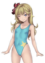 Rule 34 | 1girl, blonde hair, blue eyes, breasts, competition swimsuit, highleg, highleg swimsuit, katagiri (a1466502), long hair, one-piece swimsuit, one eye closed, original, small breasts, solo, standing, swimsuit