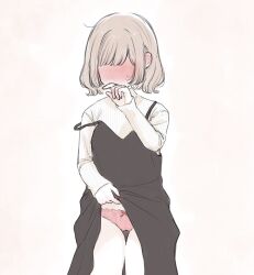 Rule 34 | 1girl, black dress, blunt bangs, blush, brown hair, clothes lift, commentary request, covered mouth, dress, dress lift, embarrassed, full-face blush, highres, lifting own clothes, long sleeves, marrontorisu, no eyes, original, panties, parted bangs, pink panties, ribbed sweater, short hair, simple background, solo, strap slip, sweater, thigh gap, thighs, underwear, white background, white sweater