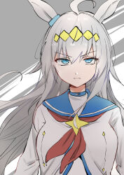 Rule 34 | 1girl, absurdres, ahoge, animal ears, blue eyes, blue sailor collar, brooch, closed mouth, ear ornament, emilio (tetsukazu no ao), frown, glaring, grey hair, hair ornament, half-closed eyes, highres, horse ears, horse girl, jewelry, long hair, long sleeves, looking at viewer, neckerchief, oguri cap (umamusume), red neckerchief, sailor collar, sailor shirt, shirt, solo, standing, star brooch, umamusume, white shirt, wind