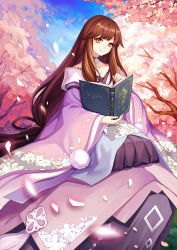 Rule 34 | 1girl, alternate costume, blunt bangs, book, brown eyes, brown hair, cherry blossoms, closed mouth, day, floral print, full body, highres, holding, holding book, houraisan kaguya, japanese clothes, kimono, long hair, long sleeves, looking at viewer, mirror (xilu4), mole, mole under eye, outdoors, pink kimono, seiza, sidelocks, sitting, skirt, smile, solo, touhou, very long hair, wide sleeves