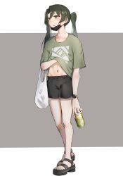 Rule 34 | 1girl, bag, black footwear, black mask, black shorts, can, full body, green eyes, green hair, green shirt, hair between eyes, highres, holding, holding can, kabayaki namazu, kantai collection, long hair, mask, mouth mask, navel, nose, parted lips, plastic bag, sandals, shirt, short shorts, short sleeves, shorts, simple background, solo, standing, t-shirt, twintails, zuikaku (kancolle)