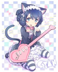 Rule 34 | 10s, 1girl, animal ears, bell, blue eyes, blue hair, blush, bow, bowtie, cat ears, cat tail, character name, checkered background, cyan (show by rock!!), drill hair, guitar, headdress, heart, instrument, looking at viewer, matching hair/eyes, paw pose, ransusan, show by rock!!, smile, solo, strawberry heart (show by rock!!), striped clothes, striped thighhighs, tail, thighhighs