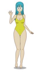 Rule 34 | 1girl, absurdres, aqua hair, artist request, bare legs, bare shoulders, barefoot, blue eyes, blue hair, breasts, covered navel, curvy, dragon ball, dragonball z, full body, happy, highres, long hair, looking at viewer, maron (dragon ball), nipples, one-piece swimsuit, salute, shiny skin, short hair, smile, standing, swimsuit, toes, yellow one-piece swimsuit