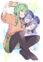 Rule 34 | 3girls, belt, black legwear, blue hair, blue headwear, carrot, character name, cheek pinching, chibi, commentary, eel, eel hat, eighth note, facial tattoo, full body, green eyes, green hair, gumi, hat, highres, holding, holding phone, knees apart feet together, leaning forward, long hair, looking to the side, multiple girls, musical note, orange shirt, otomachi una, pantyhose, phone, pinching, shirt, short hair with long locks, shorts, sidelocks, sitting, smile, star (symbol), t-shirt, taking picture, tattoo, v, vocaloid, wanaxtuco, | |