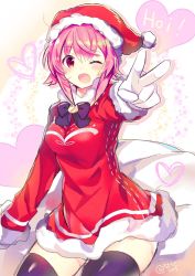 Rule 34 | 1girl, bad id, bad twitter id, black thighhighs, bow, chaos;child, gloves, hat, heart, highres, looking at viewer, one eye closed, onoe serika, pink eyes, pink hair, red eyes, rotte (1109), santa costume, santa gloves, santa hat, short hair with long locks, sidelocks, smile, solo, thighhighs, v, zettai ryouiki