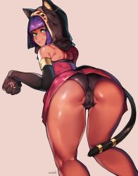 Rule 34 | 1girl, :3, alternate costume, animal hands, animal hood, ass, ass focus, bad id, bad pixiv id, bare shoulders, bent over, black panties, cameltoe, cat hood, cat paws, cat tail, dark-skinned female, dark skin, elbow gloves, gloves, green eyes, highres, hood, looking at viewer, looking back, menat, panties, partially visible vulva, pink background, purple hair, roropull, short hair, signature, simple background, skirt, solo, street fighter, street fighter v, tail, thighs, trefoil, underwear