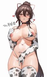 Rule 34 | 1girl, absurdres, animal print, artist request, bare shoulders, bikini, bikini top aside, black choker, breasts, breasts apart, brown eyes, brown hair, choker, commission, cow print, cow print bikini, cow print gloves, cow print thighhighs, cowboy shot, elbow gloves, female masturbation, gloves, hair between eyes, hair ribbon, hand on own chest, heart, heart-shaped pupils, high ponytail, highleg, highleg bikini, highres, large breasts, long hair, looking at viewer, masturbation, navel, nipples, original, parted lips, ponytail, print bikini, print gloves, print thighhighs, pulled by self, pussy juice, ribbon, second-party source, sidelocks, skindentation, solo, stomach, strap pull, string bikini, swimsuit, symbol-shaped pupils, thighhighs, thighs, white bikini, white gloves, white thighhighs