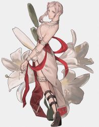 Rule 34 | 1girl, absurdres, alternate hairstyle, armlet, bare shoulders, bracelet, breasts, closed mouth, collar, commentary request, dancer, dancer (fire emblem: three houses), dress, edelgard von hresvelg, fire emblem, fire emblem: three houses, floral background, flower, gladiator sandals, grey hair, hair flower, hair ornament, highres, jewelry, lips, long hair, looking at viewer, medium breasts, necklace, nintendo, official alternate costume, pelvic curtain, pink flower, ponytail, purple eyes, sandals, shawl, side ponytail, sideboob, single-shoulder dress, sleeveless, sleeveless dress, solo, strapless, strapless dress, watayumi leo, white dress, white flower