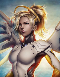 Rule 34 | 1girl, absurdres, artist name, backlighting, blonde hair, blue eyes, blue sky, bodysuit, breasts, cloud, cloudy sky, glowing, glowing wings, gold, halo, high ponytail, highres, lips, looking at viewer, mechanical halo, mechanical wings, medium breasts, mercy (overwatch), no bangs, nose, overwatch, overwatch 1, pink lips, signature, sky, solo, spread wings, tingzuo liu, upper body, wings, yellow wings