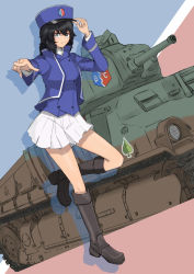 Rule 34 | 1girl, absurdres, adjusting clothes, adjusting headwear, andou (girls und panzer), bc freedom (emblem), bc freedom military uniform, black footwear, black hair, blue hat, blue jacket, blue vest, booru (pixiv43668469), boots, brown eyes, closed mouth, commentary request, dark-skinned female, dark skin, dress shirt, dutch angle, emblem, female focus, frown, girls und panzer, hat, high collar, highres, huge filesize, jacket, kepi, knee boots, leg up, long sleeves, looking at viewer, medium hair, messy hair, military, military hat, military uniform, military vehicle, miniskirt, motor vehicle, partial commentary, pleated skirt, pointing, pointing at viewer, s35, shirt, silhouette, skirt, solo, spade (shape), standing, standing on one leg, tank, uniform, vest, white shirt, white skirt