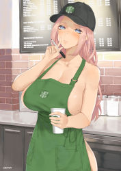 Rule 34 | 1girl, apron, areola slip, bare shoulders, barista, blue eyes, blush, breasts, cleavage, coffee cup, collarbone, commentary, cowboy shot, cup, disposable cup, finger to mouth, green apron, grin, hat, highres, holding, holding cup, holding marker, holding pen, huge breasts, iced latte with breast milk (meme), index finger raised, indoors, long hair, looking at viewer, marker, meme, mole, mole on breast, naked apron, original, paid reward available, pen, pink hair, shushing, smile, solo, standing, starbucks, throtem