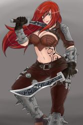 Rule 34 | 1girl, armor, belt, breasts, cleavage, cowboy shot, dual wielding, gauntlets, gloves, green eyes, high collar, highres, holding, holding sword, holding weapon, katarina (league of legends), knife, large breasts, league of legends, leg lift, lips, long hair, looking at viewer, midriff, navel, over shoulder, pants, patrickdja, pauldrons, red hair, scar, scar across eye, scar on face, shoulder armor, smile, solo, spikes, standing, standing on one leg, stomach, sword, sword over shoulder, tattoo, weapon, weapon over shoulder