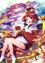 Rule 34 | &gt; &lt;, 1girl, acorn, apron, architecture, benienma (fate), bird, box, brown eyes, brown hair, east asian architecture, fate/grand order, fate (series), highres, lens flare, low ponytail, migi12hidari8, on box, platform clogs, sitting, sitting on box, smile, solo, sparrow, wide sleeves