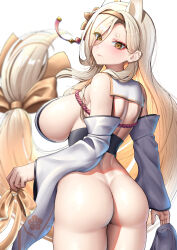 Rule 34 | 1girl, absurdres, animal ears, ass, bare shoulders, blonde hair, blue archive, blush, breasts, detached sleeves, fox ears, hair over one eye, hairband, halo, highres, holding, holding clothes, holding skirt, japanese clothes, kaho (blue archive), kimono, large breasts, long hair, looking at viewer, looking back, mole, mole under mouth, okayusonmu, sideboob, skirt, sleeveless, sleeveless kimono, solo, thick eyebrows, thighs, very long hair, wide sleeves, yellow eyes, yellow hairband
