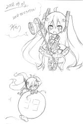 Rule 34 | 1girl, 39, ahoge, balloon, bow, bowtie, chibi, commentary, dress, frilled dress, frills, greyscale, hatsune miku, headphones, holding, holding microphone stand, layered dress, long hair, magical mirai (vocaloid), magical mirai miku, magical mirai miku (2018), megaphone, microphone stand, monochrome, multiple views, signature, sketch, sudachi (calendar), sweat, twintails, v-shaped eyebrows, very long hair, vocaloid