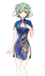 Rule 34 | 1girl, alternate costume, bad id, bad pixiv id, blue dress, breasts, bun cover, china dress, chinese clothes, cleavage, cowboy shot, double bun, dress, eiyuu densetsu, falcom, garter straps, green hair, hair bun, hand on own chest, highres, looking at viewer, medium breasts, musse egret, purple eyes, sen no kiseki, short dress, short hair, side slit, simple background, smile, solo, thighhighs, thighs, white background, white thighhighs, yazawa yuki