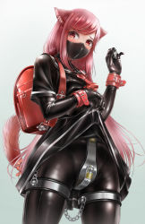 Rule 34 | 1girl, ameya, animal ear fluff, animal ears, backpack, bag, bdsm, bodysuit, cat ears, cat tail, chain, chastity belt, clothes lift, commentary request, commission, gradient background, highres, key, latex, latex bodysuit, latex shirt, latex skirt, lock, long hair, looking at viewer, mask, mouth mask, original, padlock, pixiv commission, red eyes, red hair, school uniform, serafuku, shiny clothes, skin tight, skirt, skirt lift, solo, tail, thigh bands, very long hair, wrist cuffs
