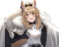 Rule 34 | 1girl, animal ear fluff, animal ears, arknights, armor, blemishine (arknights), blonde hair, blush, breastplate, commentary request, fur trim, grey background, hair between eyes, highres, horn/wood, horse ears, horse girl, horse tail, long hair, looking at viewer, open mouth, orange eyes, ponytail, smile, solo, tail, translation request, upper body