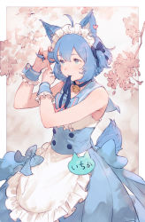 Rule 34 | 1girl, nanashi inc., ahoge, animal ear fluff, animal ears, animare, apron, back bow, bare shoulders, bell, black bow, blue bow, blue collar, blue eyes, blue hair, blue ribbon, blue skirt, blush, bow, breasts, buttons, cat ears, cat tail, collar, commentary request, dog ears, dog tail, double-breasted, dress, frilled apron, frilled cuffs, frills, hair between eyes, hair bow, highres, junwool, leaning forward, maid, maid apron, maid headdress, medium breasts, mouth hold, neck bell, ribbon, ribbon in mouth, sailor collar, skirt, sleeveless, sleeveless dress, solo, souya ichika, tail, two side up, tying hair, underbust, virtual youtuber, wrist cuffs