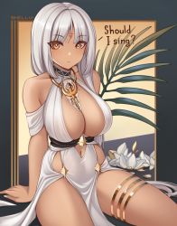 Rule 34 | 1girl, azur lane, bare shoulders, breasts, brown eyes, cleavage, collarbone, commentary, dark-skinned female, dark skin, dress, english commentary, english text, facial mark, flower, forehead mark, highres, large breasts, long hair, massachusetts (azur lane), massachusetts (dressed to impress) (azur lane), nail polish, navel, shellvi, silver hair, sitting, solo, thigh strap, white dress, white nails