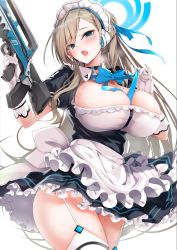 Rule 34 | 1girl, absurdres, apron, assault rifle, asuna (blue archive), black dress, blonde hair, blue archive, blue eyes, blue neckwear, blush, breasts, bullpup, choker, cleavage, dress, garter straps, gloves, gun, halo, headgear, highres, large breasts, maid, maid apron, maid headdress, mole, mole on breast, neckwear between breasts, nylon (nylon 100%), open mouth, panties, rifle, solo, sweat, swept bangs, thighhighs, thighs, underwear, weapon, white background, white gloves, white panties, white thighhighs