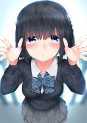 Rule 34 | 1girl, black hair, black sweater, blue bow, blue eyes, blush, bow, breasts, collared shirt, commentary request, dress shirt, grey skirt, hair between eyes, hands up, highres, long sleeves, looking at viewer, medium breasts, neku (neku draw), original, parted lips, plaid, plaid bow, pleated skirt, school uniform, shirt, skirt, solo, sweater, white shirt