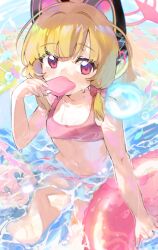 Rule 34 | 3girls, absurdres, alternate costume, animal ear headphones, animal ears, atsumi jun, bikini, blonde hair, blue archive, bow, bubble, cat ear headphones, commentary, eating, fake animal ears, food, food in mouth, green eyes, hair bow, halo, headphones, highres, holding, holding food, holding swim ring, innertube, looking at viewer, midori (blue archive), momoi (blue archive), multiple girls, open mouth, parted bangs, partially submerged, pink bikini, pink eyes, pink innertube, popsicle, popsicle in mouth, reflection, reflective water, ripples, short hair, solo focus, swim ring, swimsuit, water, wet, yuzu (blue archive)