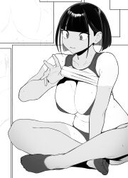 Rule 34 | 1girl, absurdres, blunt bangs, bob cut, bra, breasts, cleavage, clothes lift, clothes pull, crossed legs, greyscale, highres, jikatarou, large breasts, lifting own clothes, monochrome, original, panties, shirt, shirt lift, short hair, sitting, socks, solo, sweat, tan, underwear