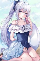 Rule 34 | 1girl, beach, blue archive, blue bow, blue halo, blue one-piece swimsuit, blue sky, bow, cellphone, cloud, commentary request, covered navel, day, grey hair, hair bow, halo, highres, holding, holding phone, long hair, looking at viewer, miyako (blue archive), miyako (swimsuit) (blue archive), ocean, official alternate costume, one-piece swimsuit, outdoors, phone, ponytail, purple eyes, sitting, sky, solo, sorashima (117), swimsuit, thighs, wet, wet clothes, wet swimsuit