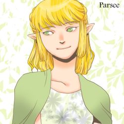 Rule 34 | 1girl, alternate costume, blonde hair, braid, character name, commentary, french braid, green eyes, mizuhashi parsee, onikobe rin, pointy ears, short hair, smile, solo, touhou, upper body
