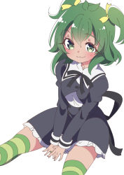 Rule 34 | 1girl, :3, antenna hair, assault lily, black ribbon, black skirt, buttons, closed mouth, commentary, cowboy shot, cropped jacket, frilled skirt, frills, green eyes, green hair, green thighhighs, hair between eyes, hair ribbon, high-waist skirt, honkawa works, jewelry, juliet sleeves, light blush, long sleeves, looking at viewer, medium hair, miniskirt, neck ribbon, puffy sleeves, ribbon, ring, school uniform, shirt, simple background, sitting, skirt, smile, solo, striped clothes, striped thighhighs, thighhighs, two side up, v arms, white background, white shirt, yellow ribbon, yoshimura thi mai, yurigaoka girls academy school uniform