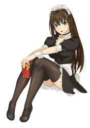 Rule 34 | 1girl, absurdres, alternate costume, aozaki aoko, apron, black dress, black footwear, black thighhighs, blue eyes, box, breasts, commentary request, cqqz0707, dress, enmaided, frills, gift, gift box, hair between eyes, highres, holding, holding gift, large breasts, long hair, looking at viewer, mahou tsukai no yoru, maid, maid headdress, open mouth, puffy short sleeves, puffy sleeves, short sleeves, simple background, sitting, solo, thighhighs, waist apron, white apron, white background