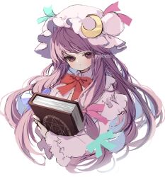 Rule 34 | 1girl, artist name, book, closed mouth, commentary, crescent, crescent hat ornament, dress, frilled sleeves, frills, hat, hat ornament, holding, holding book, long hair, long sleeves, mob cap, patchouli knowledge, piyokichi, purple dress, purple eyes, purple hair, purple hat, revision, simple background, solo, touhou, upper body, white background, wide sleeves
