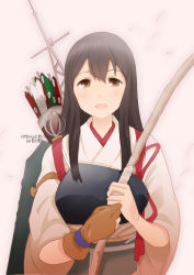 Rule 34 | 10s, 1girl, :d, akagi (kancolle), arrow (projectile), bow, bow (weapon), brown eyes, brown hair, gloves, japanese clothes, kantai collection, long hair, looking at viewer, muneate, open mouth, partially fingerless gloves, partly fingerless gloves, personification, quiver, single glove, smile, solo, weapon, yamasaki wataru, yugake