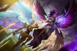 Rule 34 | 2girls, angel, angel wings, armor, blakebyun, bracelet, breasts, chain, chest plate, cleavage, cloud, cloudy sky, collar, dress, dual wielding, feathers, fighting, fighting stance, floating, gauntlets, glowing, glowing hand, highres, holding, jewelry, kayle (league of legends), landscape, league of legends, leg armor, light, looking at another, morgana (league of legends), multiple girls, necklace, official art, purple eyes, purple hair, sky, smile, sunset, sword, tan, weapon, white hair, wings, yellow eyes