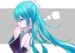Rule 34 | 1girl, black sleeves, blue eyes, blue hair, border, collared shirt, detached sleeves, floating hair, from side, grey background, grey shirt, hair between eyes, hair ornament, hatsune miku, highres, katorea, letterboxed, long hair, long sleeves, profile, shirt, sleeveless, sleeveless shirt, solo, thought bubble, twintails, upper body, very long hair, white border, wing collar