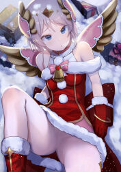 Rule 34 | 1girl, bell, blue eyes, boots, bracelet, breasts, christmas, crotch seam, dress, fur-trimmed boots, fur-trimmed dress, fur-trimmed gloves, fur trim, gift, gloves, grey hair, hanba rou, highres, jewelry, jingle bell, metal wings, off-shoulder dress, off shoulder, pantyhose, parted lips, pom pom (clothes), princess connect!, santa costume, santa dress, short hair, sitting, small breasts, snow, snowing, solo, spread legs, white pantyhose, wing hair ornament, wings, yori (christmas) (princess connect!), yori (princess connect!)