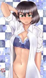Rule 34 | 1girl, arm up, blue bra, blush, bob cut, bottomless, bow, bow bra, bra, brown hair, checkered background, commentary, dark-skinned female, dark skin, dated, dress shirt, female focus, floral background, girls und panzer, green eyes, groin, hand in own hair, hoshino (girls und panzer), looking at viewer, medium hair, navel, open clothes, open mouth, open shirt, out-of-frame censoring, shirt, short hair, short sleeves, sleeves rolled up, smile, solo, standing, sweat, tanaka rikimaru, underwear, upper body, white shirt, wing collar