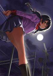 Rule 34 | 1girl, absurdres, arms behind back, bent over, black hair, black socks, blush, braid, breasts, closed mouth, cloud, commentary, feet out of frame, from behind, from below, full moon, glasses, hanekawa tsubasa, highres, large breasts, leaning forward, long hair, long sleeves, looking at viewer, monogatari (series), moon, moonlight, naoetsu high school uniform, night, night sky, outdoors, own hands together, pink shirt, pleated skirt, power lines, puffy sleeves, purple eyes, purple skirt, railroad crossing, railroad signal, ribbon, round eyewear, school uniform, shirt, skindentation, skirt, sky, smile, socks, solo, thighs, twin braids, yellow ribbon, zyaki