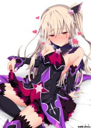 Rule 34 | 1girl, ascot, bare shoulders, black dress, black footwear, black thighhighs, blush, boots, breasts, detached sleeves, dress, earrings, fate/grand order, fate/kaleid liner prisma illya, fate (series), hair ornament, heart, highres, illyasviel von einzbern, jewelry, layered skirt, long hair, looking at viewer, one side up, purple skirt, red eyes, red skirt, sidelocks, sitting, skirt, small breasts, smile, solo, testament (fate), thigh boots, thighhighs, thighhighs under boots, unadon, white hair