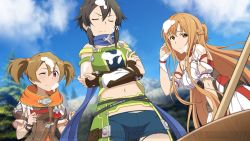 Rule 34 | 10s, 3girls, asada shino, asuna (sao), black hair, blue shorts, brown eyes, brown hair, cream, cream on body, cream on face, crossed arms, day, closed eyes, food, food on face, from below, game cg, looking at viewer, midriff, multiple girls, navel, one eye closed, outdoors, red eyes, short hair, short shorts, short twintails, shorts, silica, sinon (sao:hf), sword art online, sword art online: hollow realization, twintails, watermark