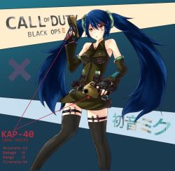 Rule 34 | 1girl, belt, blue hair, call of duty, call of duty: black ops 2, character name, copyright name, detached sleeves, fingerless gloves, gloves, gun, hair ornament, hairclip, hatsune miku, legwear garter, long hair, mild pitch, skirt, solo, stats, thighhighs, twintails, utility belt, very long hair, vocaloid, weapon
