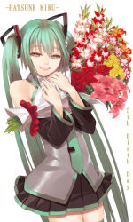 Rule 34 | 1girl, aqua eyes, aqua hair, aqua necktie, bare shoulders, birthday, bouquet, character name, cowboy shot, detached sleeves, flower, green eyes, green hair, hatsune miku, lily (flower), long hair, looking at viewer, matching hair/eyes, necktie, pleated skirt, red flower, red rose, rose, sentoiro, shiny clothes, simple background, skirt, smile, solo, twintails, very long hair, vocaloid, white background