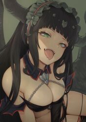 Rule 34 | 1girl, bare shoulders, bikini, black bikini, black collar, black gloves, black hair, breasts, chain, cleavage, collar, commentary request, demon girl, demon horns, detached collar, elbow gloves, fangs, frilled hairband, frills, gloves, granblue fantasy, green eyes, hairband, horns, large breasts, long hair, looking at viewer, magus (granblue fantasy), navel, simple background, single elbow glove, solo, swimsuit, tomamatto, tongue, tongue out, upper body