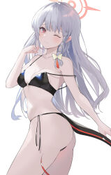 Rule 34 | 1girl, ;), absurdres, ass, bare arms, bare shoulders, bikini, black bikini, blue archive, blush, bow, braid, breasts, cleavage, collarbone, cowboy shot, grey hair, hair bow, halo, hand in own hair, hand up, haruna (blue archive), highres, long hair, looking at viewer, looking to the side, one eye closed, pelvic curtain, raised eyebrows, red eyes, side-tie bikini bottom, side braid, simple background, single braid, small breasts, smile, solo, strap slip, string bikini, swimsuit, thighs, white background, xochi (nueeen6978), yellow bow