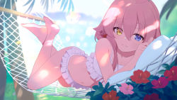 Rule 34 | 1girl, ahoge, artist request, bare legs, barefoot, beach, bikini, blue archive, blue eyes, breasts, day, eyewear on head, fang, feet, food, frilled bikini, frills, full body, game cg, hair between eyes, hair ornament, halo, hammock, heterochromia, highres, hoshino (blue archive), hoshino (swimsuit) (blue archive), inflatable toy, inflatable whale, long hair, looking at viewer, low twintails, lying, non-web source, on side, orange eyes, outdoors, pink hair, popsicle, skin fang, small breasts, smile, solo, source request, sunglasses, swimsuit, twintails, white bikini