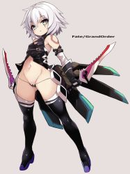 Rule 34 | 1girl, bandaged arm, bandages, bare shoulders, black gloves, black panties, black thighhighs, breasts, brown background, cameltoe, commentary request, copyright name, fate/apocrypha, fate/grand order, fate (series), full body, gloves, green eyes, hair between eyes, highres, holding, holding knife, holding weapon, jack the ripper (fate/apocrypha), karukan (monjya), knife, looking at viewer, navel, open mouth, panties, scar, scar across eye, scar on face, short hair, silver hair, small breasts, solo, tattoo, thighhighs, underwear, weapon