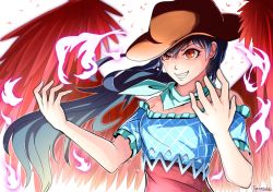 Rule 34 | 1girl, arms up, artist name, bandana, bird wings, black hair, blue neckwear, brown hat, commentary request, cowboy hat, dress, evil grin, evil smile, feathered wings, feathers, fire, floating hair, gesugao, grin, hat, kurokoma saki, layered dress, long hair, looking to the side, pegasus wings, puffy short sleeves, puffy sleeves, raglan sleeves, red eyes, short sleeves, simple background, smile, solo, standing, strapless, strapless dress, teeth, torinosukei, touhou, upper body, very long hair, white background, white fire, wings