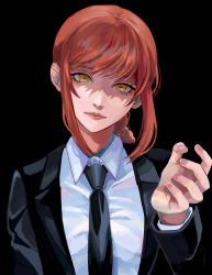 Rule 34 | 1girl, black jacket, black necktie, braid, braided ponytail, brown hair, business suit, chainsaw man, clenched hand, expressionless, formal, hand up, head tilt, highres, jacket, long hair, looking at viewer, makima (chainsaw man), necktie, ringed eyes, solo, suit, user kszr4283, yellow eyes